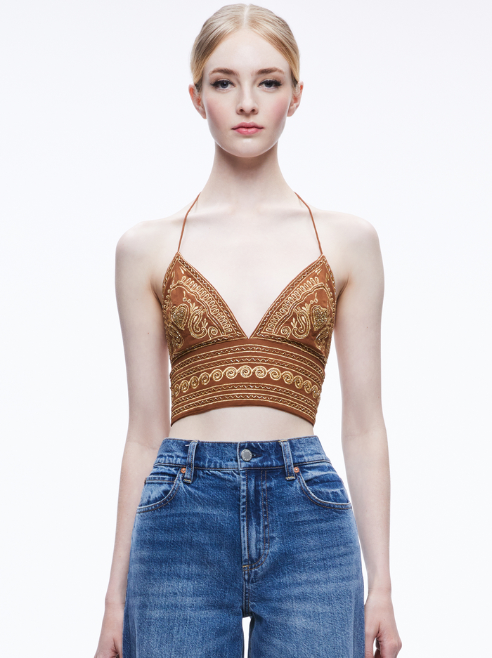 CARLI EMBROIDERED TIE NECK BRA TOP - CAMEL/GOLD - Alice And Olivia