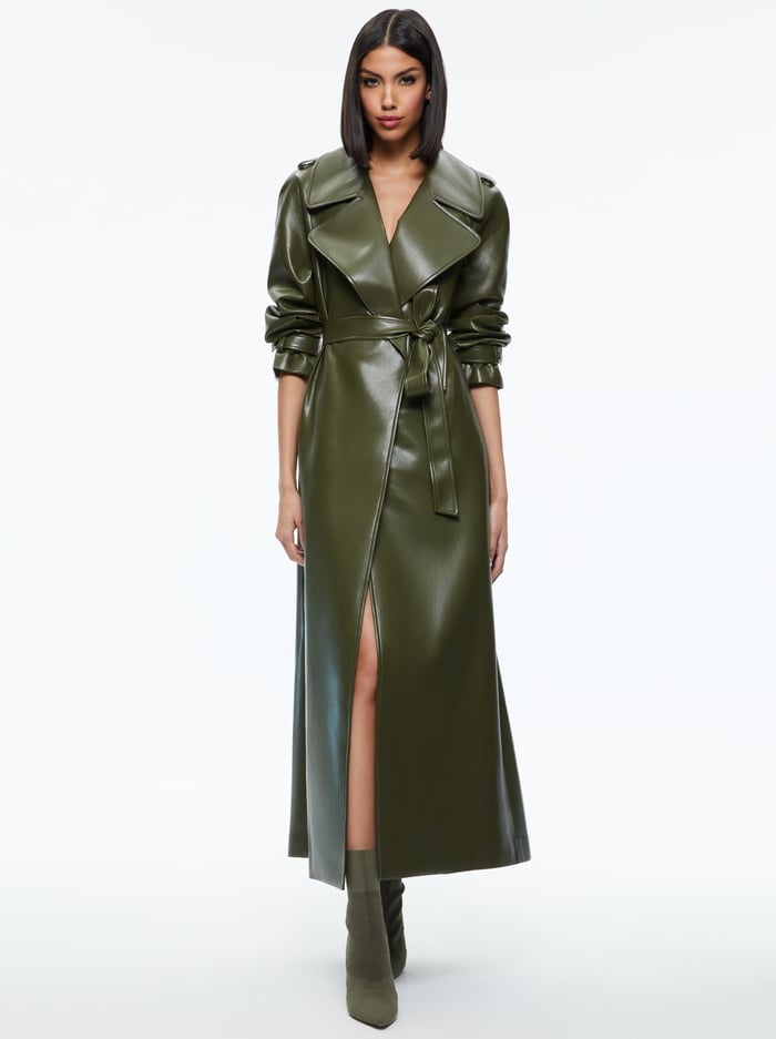 JARRETT VEGAN LEATHER TRENCH COAT - OLIVE - Alice And Olivia