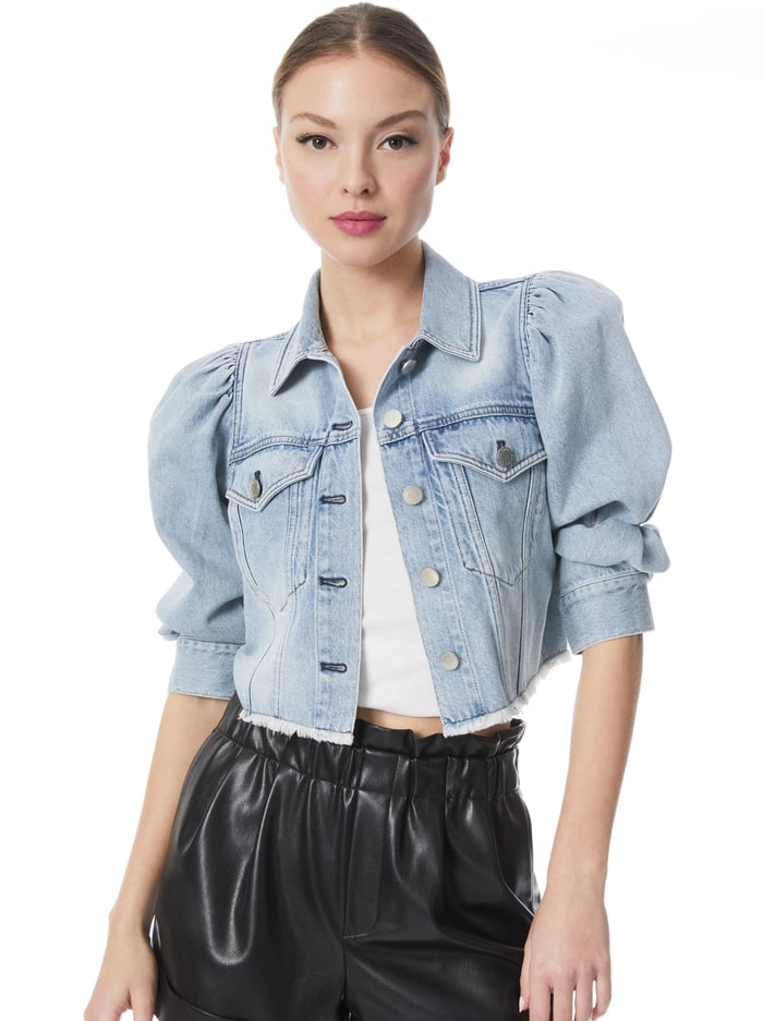LANA PUFF SLEEVE DENIM JACKET WITH RAW HEM - ROCKSTAR BLUE - Alice And Olivia